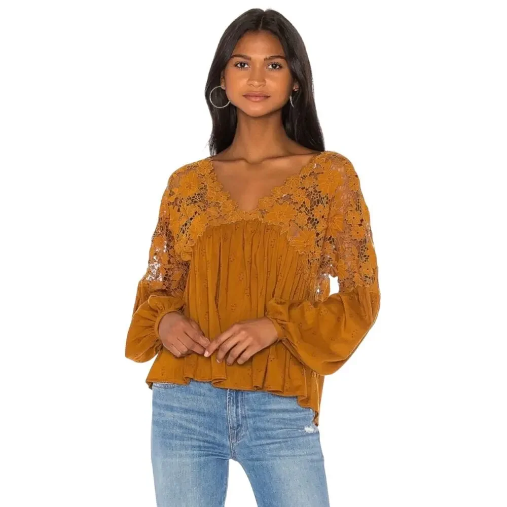 FREE PEOPLE Women’s Boho Rust Lace Trim Peasant Style Swing Top